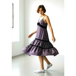 Tracy Reese $350 100% Silk Purple Black Trim Spaghetti Strap Midi Dress Size 10